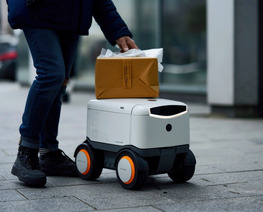 adult person interacting with futuristic delivery robot 23 2151210991 Robotools Canada
